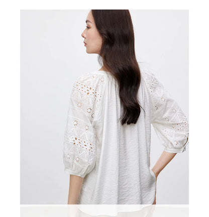 Hollow V Neck Chiffon Blouse & Embroidery Detail