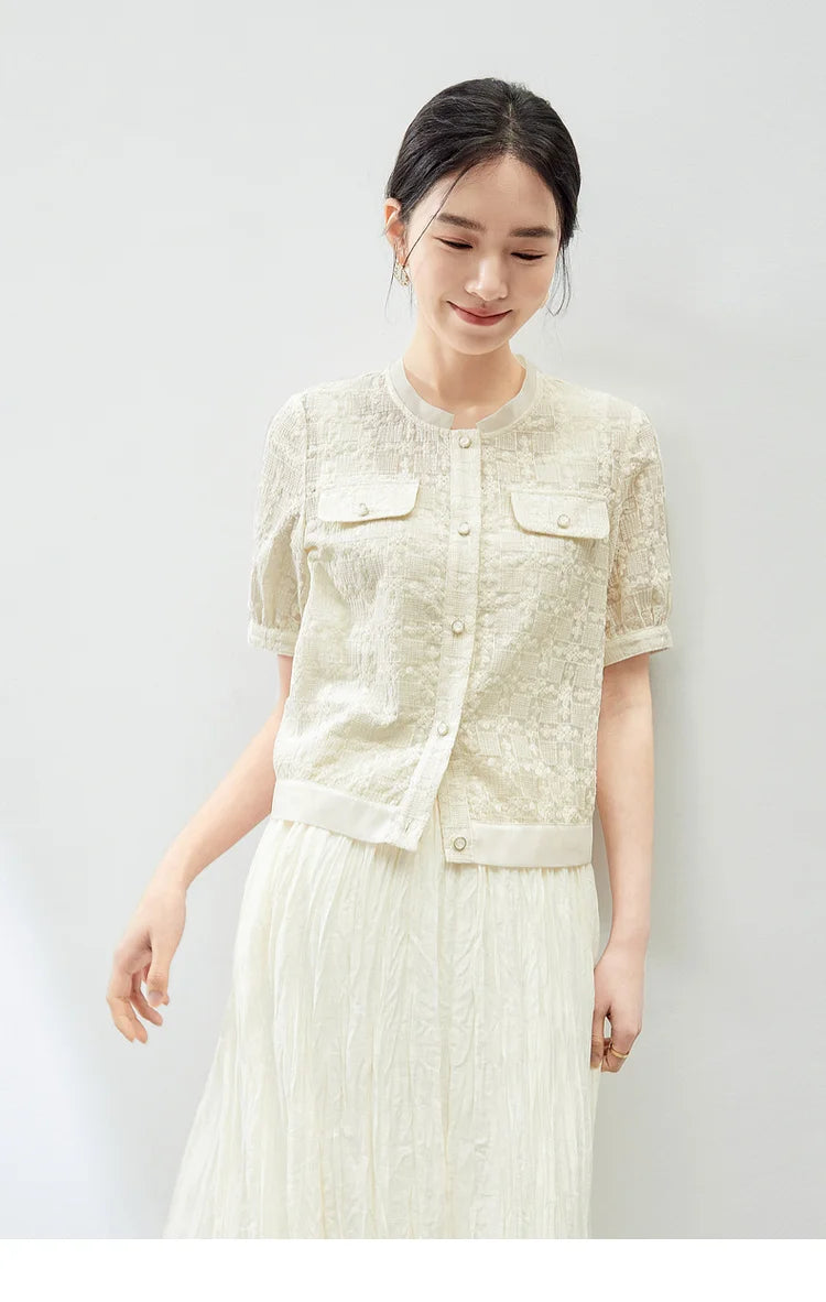 Elegant Tweed Cropped Coat with Round Neck & Short Sleeves