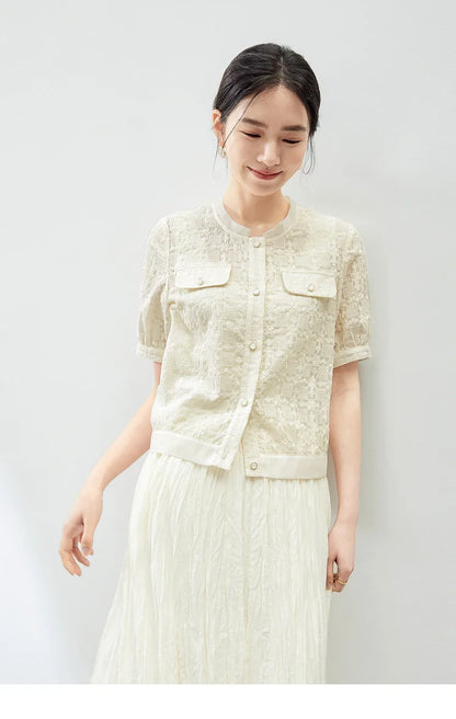 Elegant Tweed Cropped Coat with Round Neck & Short Sleeves