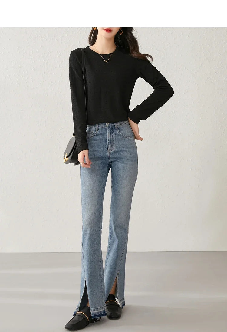 Round Neck Long Sleeve Knitted T-shirt & Pullover Top