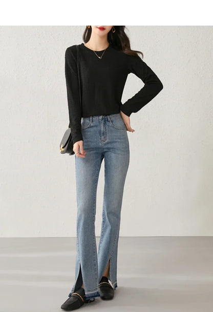 Round Neck Long Sleeve Knitted T-shirt & Pullover Top