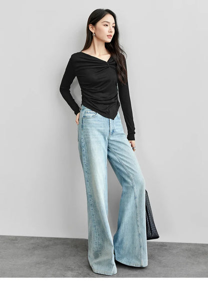 Irregular Knitted Long Sleeve Skew Collar Pullover