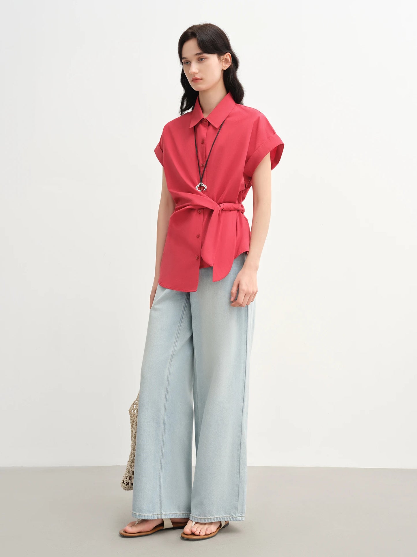 Buckle Short Sleeve Blouse & Fitted Waist Shirt