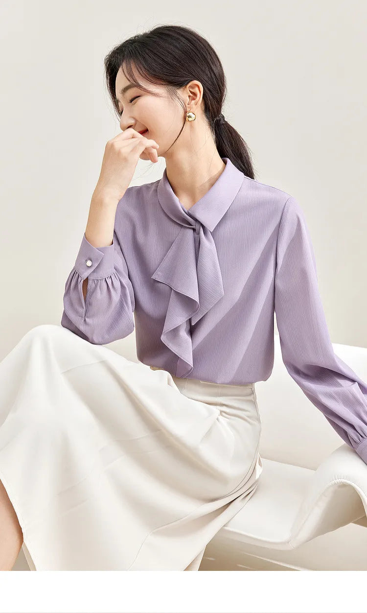 Elegant Bow Neck Chiffon Blouse & Long Sleeve Top