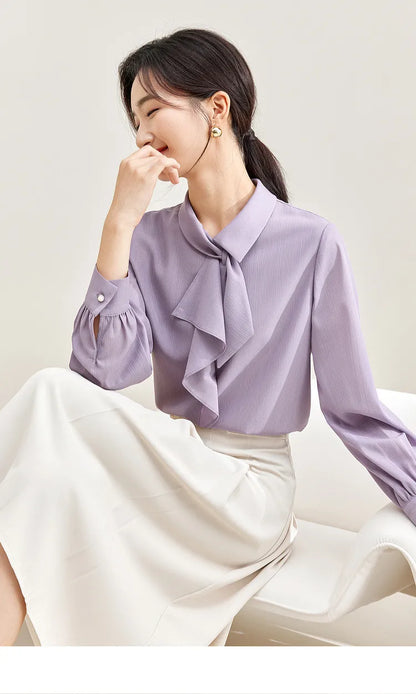Elegant Bow Neck Chiffon Blouse & Long Sleeve Top