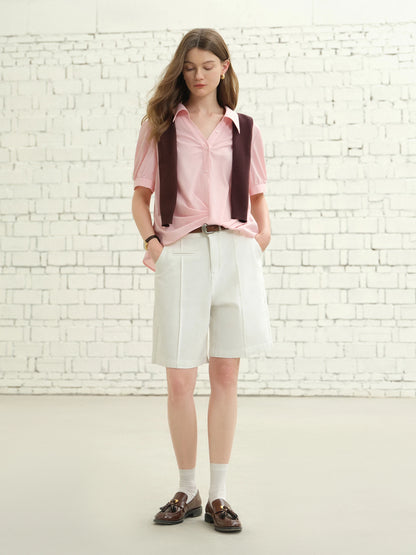 Asymmetrical Hem Pleated Short-Sleeved Shirt