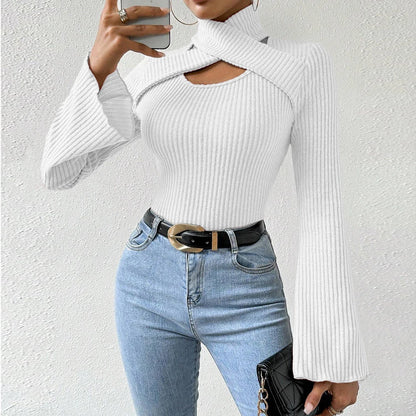 Korean Cut-Out Long Sleeve High-Neck T-Shirt