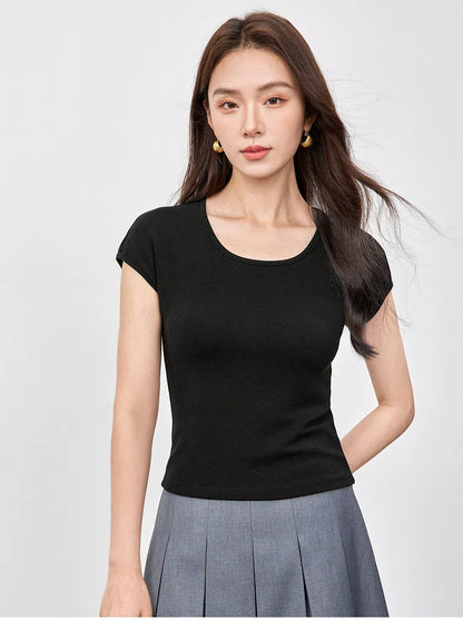 Slim Fit U Collar Short Sleeve Knit Top