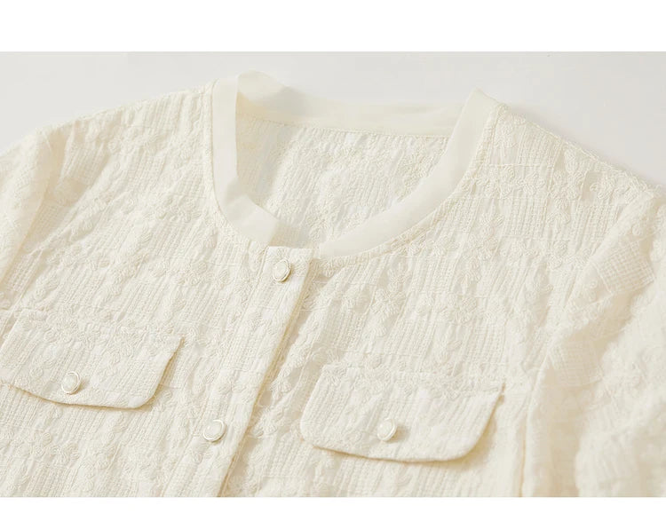 Elegant Tweed Cropped Coat with Round Neck & Short Sleeves