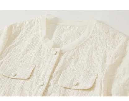 Elegant Tweed Cropped Coat with Round Neck & Short Sleeves