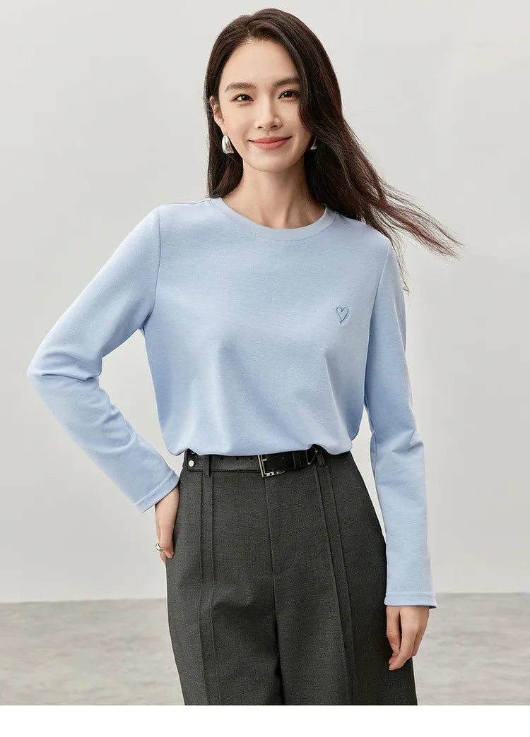 Solid Embroidery Crew Neck Long Sleeve T-shirt