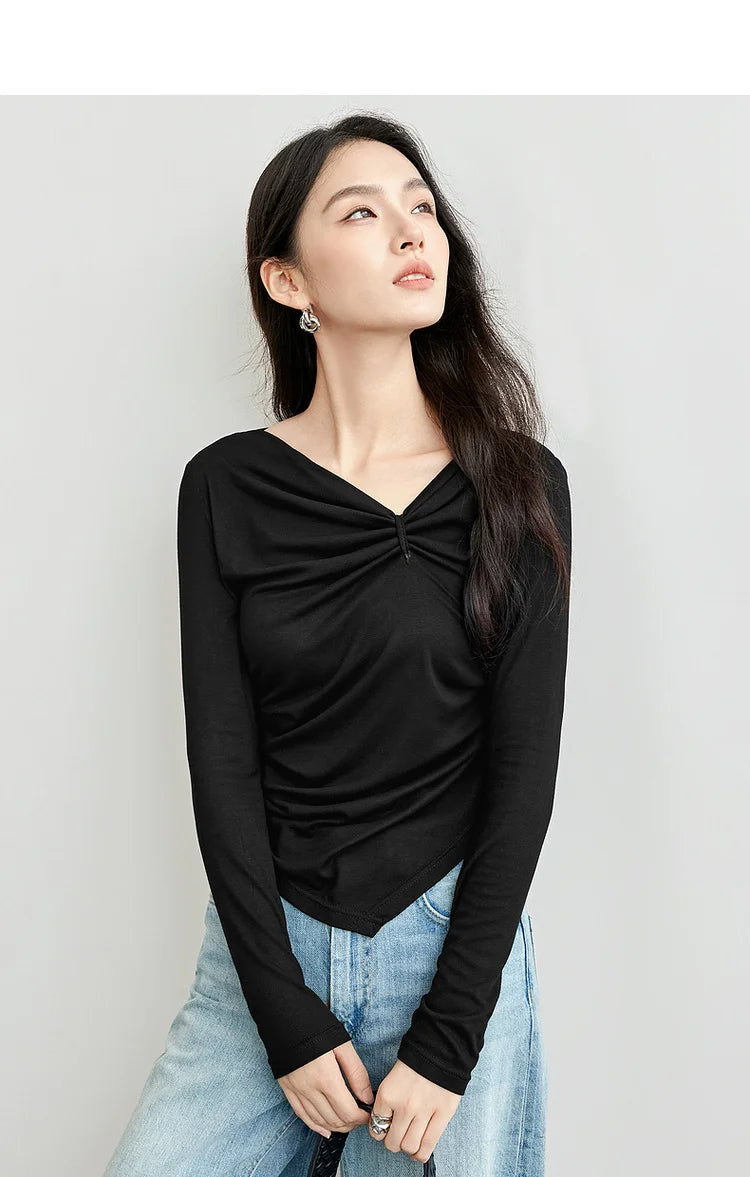 Irregular Knitted Long Sleeve Skew Collar Pullover