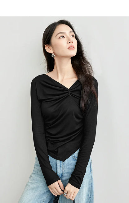 Irregular Knitted Long Sleeve Skew Collar Pullover