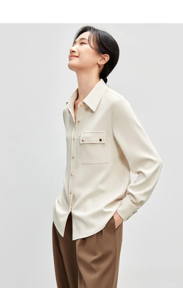 Solid Long Sleeve Turn Down Collar Shirt & Pocket