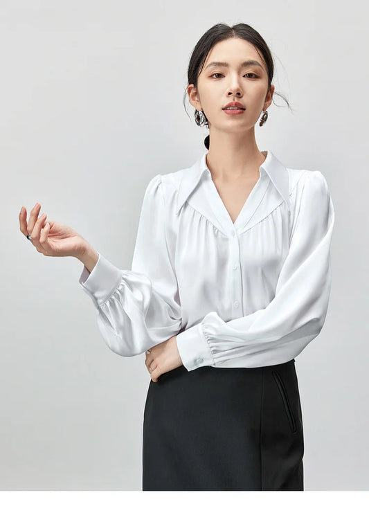 Elegant Loose Lapel Satin Long Sleeve Blouse