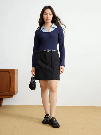 Contrasting Color Long Sleeve Knit Top & T-Shirt