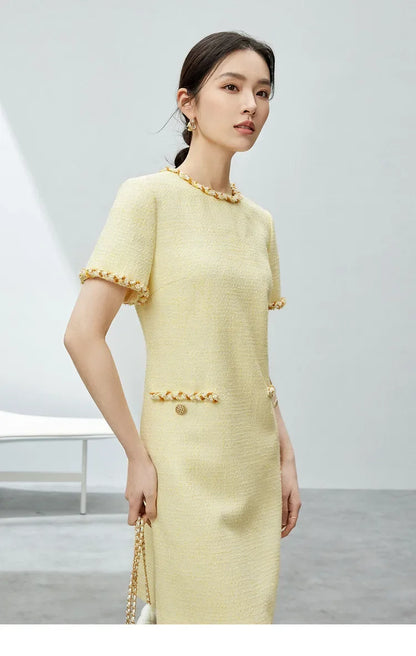 Tweed Short Sleeve Dress with Contrast Neckline