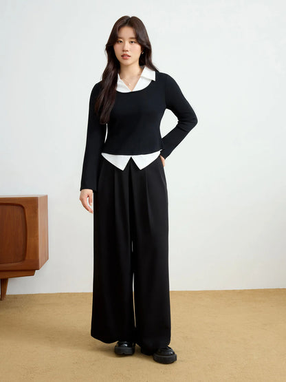 Contrasting Color Long Sleeve Knit Top & T-Shirt