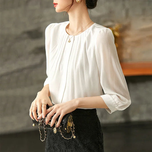 Elegant White Chiffon Pleated Button Down Top