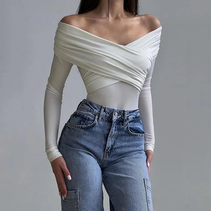 Off Shoulder Long Sleeve V Neck Bodysuit Top