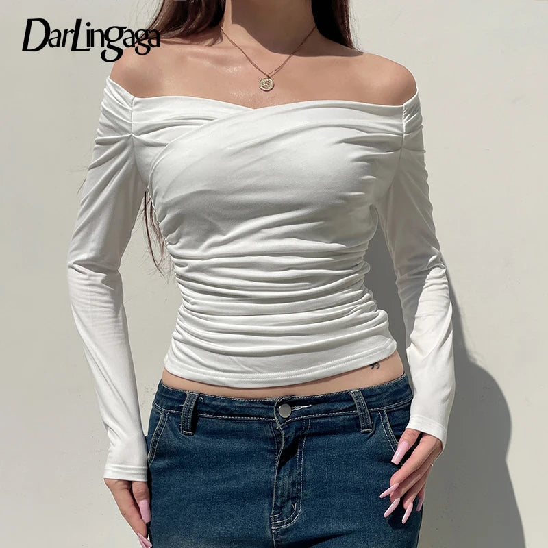 Elegant Cross Square Collar Slimming Long Sleeve Top