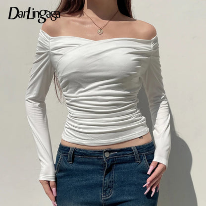 Elegant Cross Square Collar Slimming Long Sleeve Top