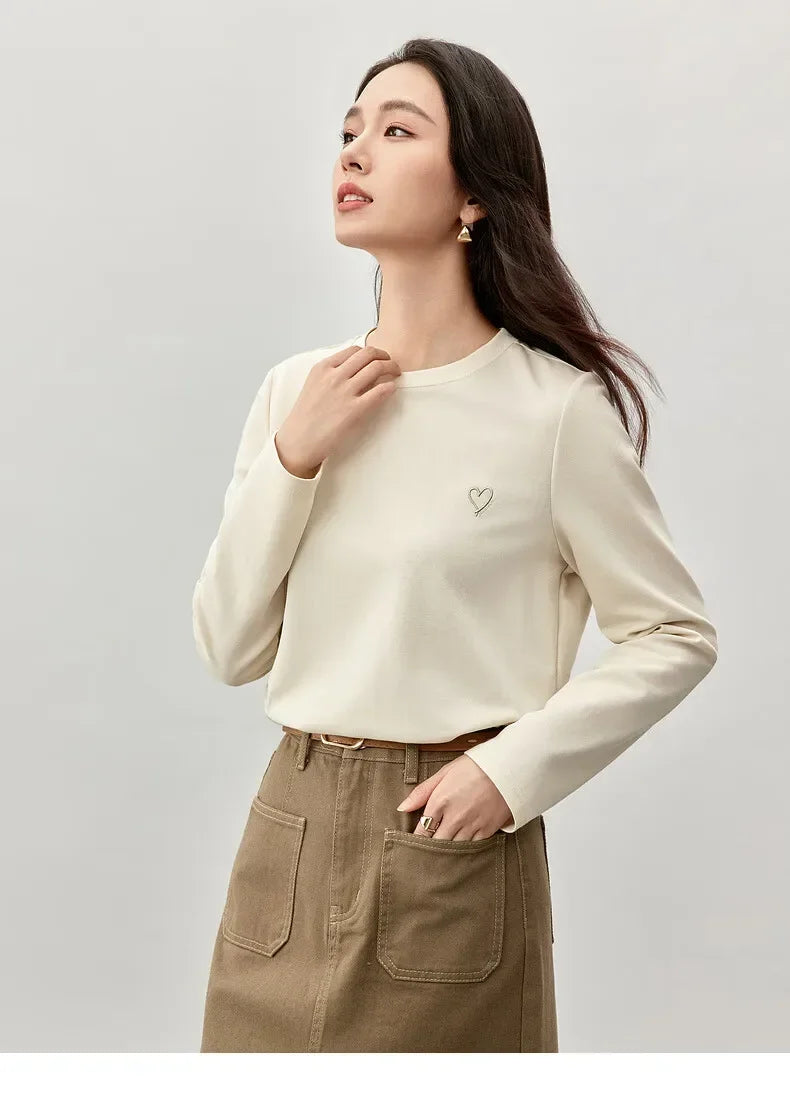 Solid Embroidery Crew Neck Long Sleeve T-shirt