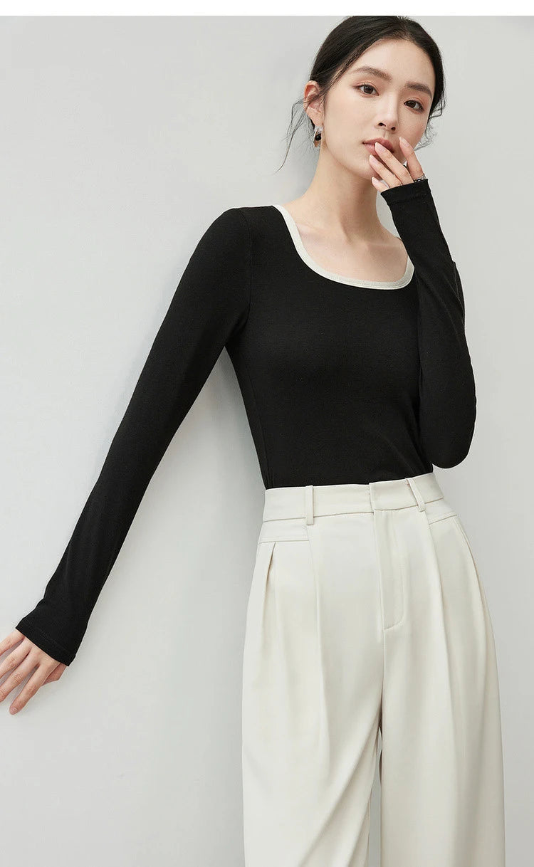 Patchwork Square Neck Long Sleeve Knit Top