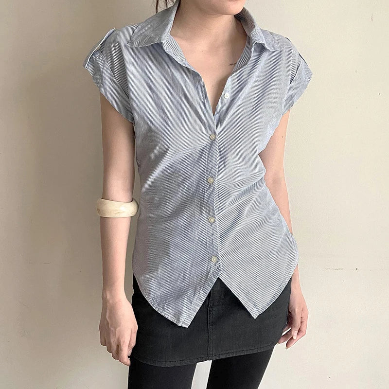 Chic Curved Hem Striped Button-Up Blouse