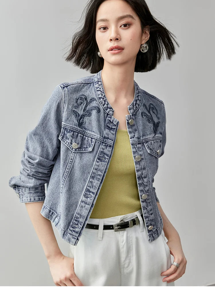 Embroidered Denim Coat & Half Open Collar