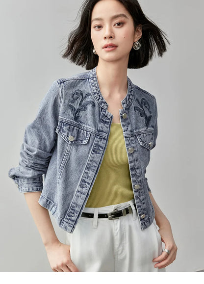 Embroidered Denim Coat & Half Open Collar