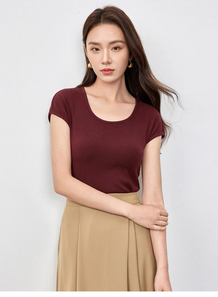 Slim Fit U Collar Short Sleeve Knit Top