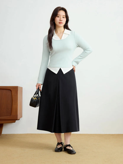 Contrasting Color Long Sleeve Knit Top & T-Shirt