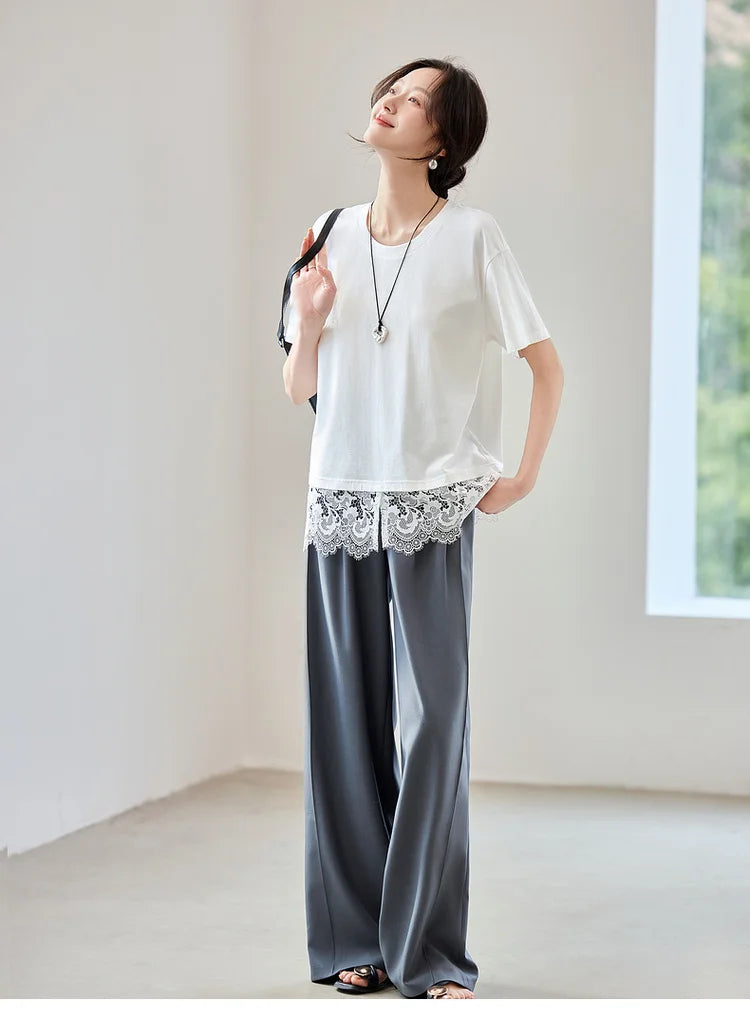 Lace Slit Loose Fit O Neck T-shirt & Tee