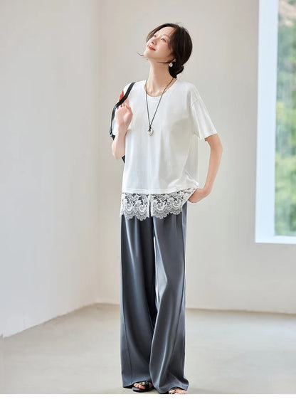 Lace Slit Loose Fit O Neck T-shirt & Tee