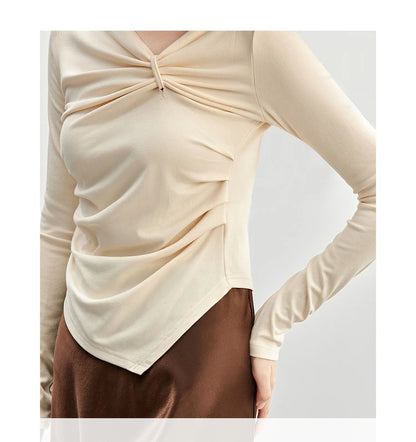 Irregular Knitted Long Sleeve Skew Collar Pullover