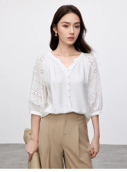 Hollow V Neck Chiffon Blouse & Embroidery Detail