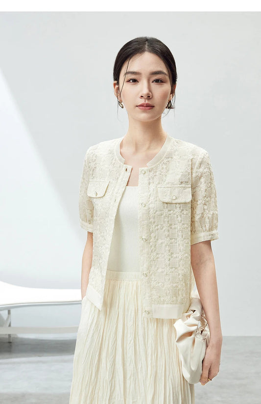 Elegant Tweed Cropped Coat with Round Neck & Short Sleeves