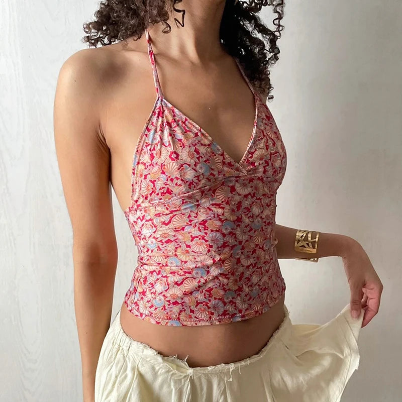 V-Neck Floral Halter Top & Casual Slim Fit Design