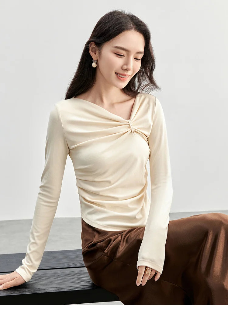 Irregular Knitted Long Sleeve Skew Collar Pullover