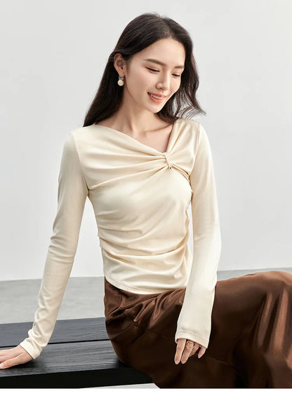 Irregular Knitted Long Sleeve Skew Collar Pullover