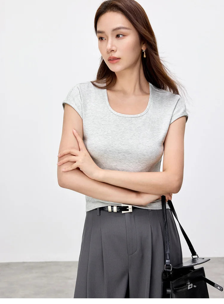 Slim Fit U Collar Short Sleeve Knit Top
