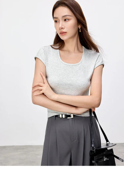 Slim Fit U Collar Short Sleeve Knit Top