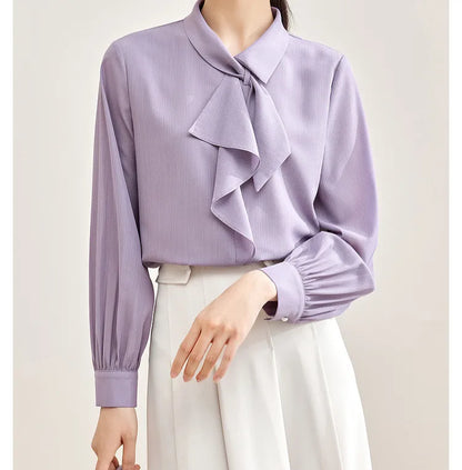 Elegant Bow Neck Chiffon Blouse & Long Sleeve Top