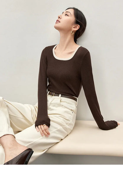 Patchwork Square Neck Long Sleeve Knit Top