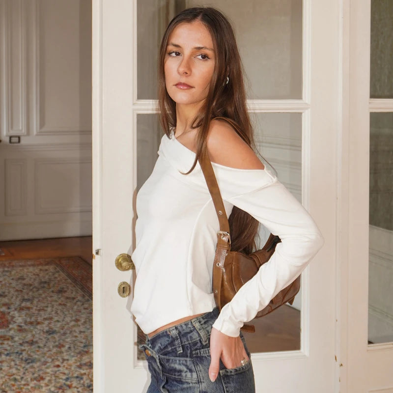 Oblique Collar Loose Long-Sleeve T-Shirt Top