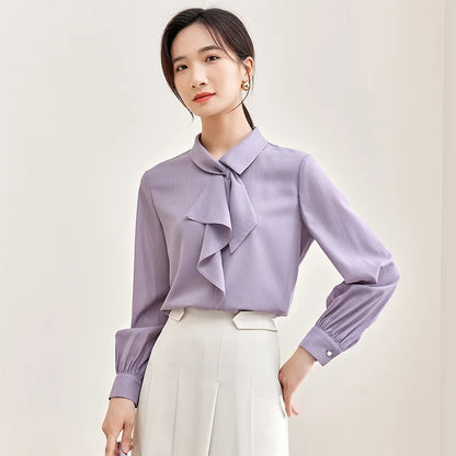 Elegant Bow Neck Chiffon Blouse & Long Sleeve Top
