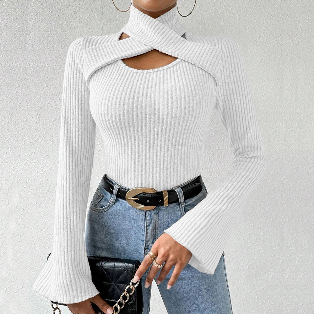 Korean Cut-Out Long Sleeve High-Neck T-Shirt