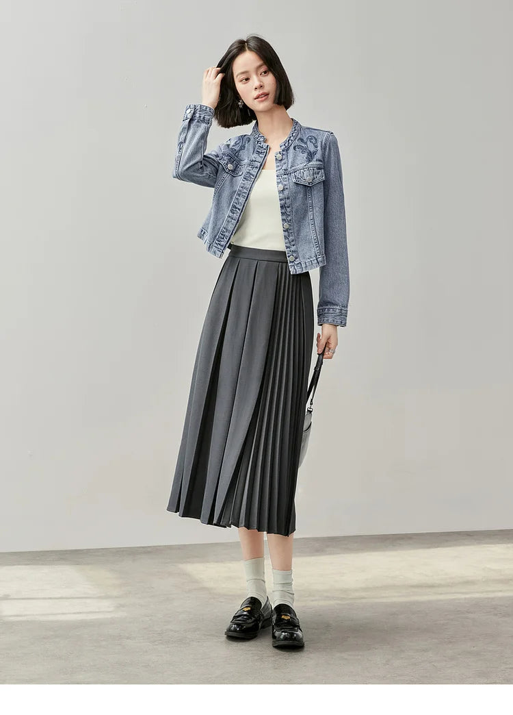 Embroidered Denim Coat & Half Open Collar