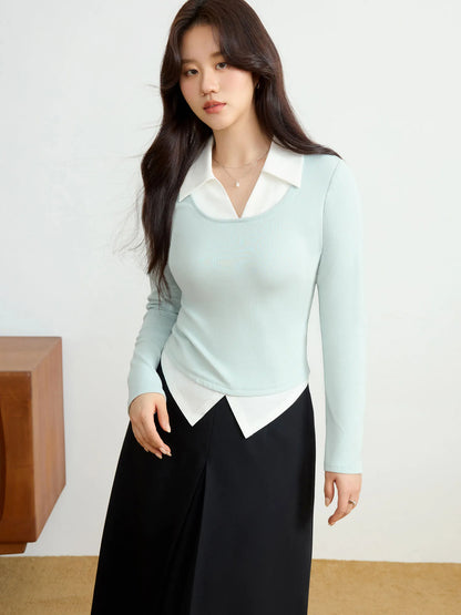 Contrasting Color Long Sleeve Knit Top & T-Shirt